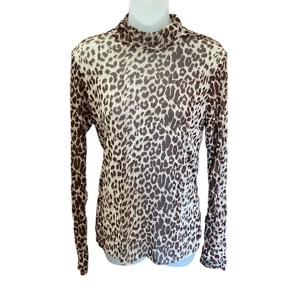 Willow + Root Blouse Sheer Animal Print Tan Brown Raw Edge Hem Cuff Junior Large